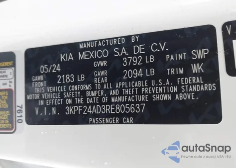 2024 Kia Forte Lxs from USA, damaged, VIN 3KPF24AD3RE805637